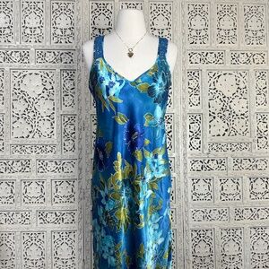 Vintage Blue And Green Floral Satin Slip Dress With Crochet Straps Sz Medium‎